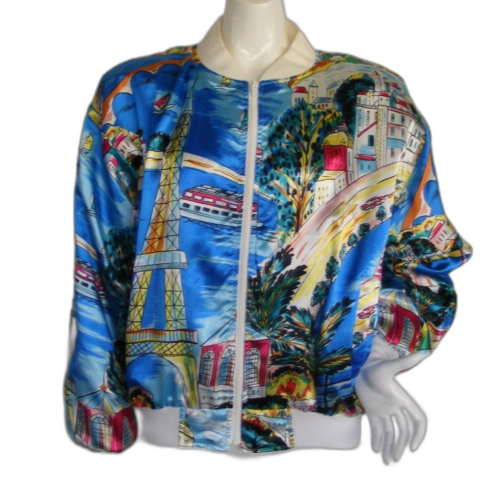 Vintage Satin Jacket, OSFM, Cityscape Print, Zipper front, Knit cuff, Colorful